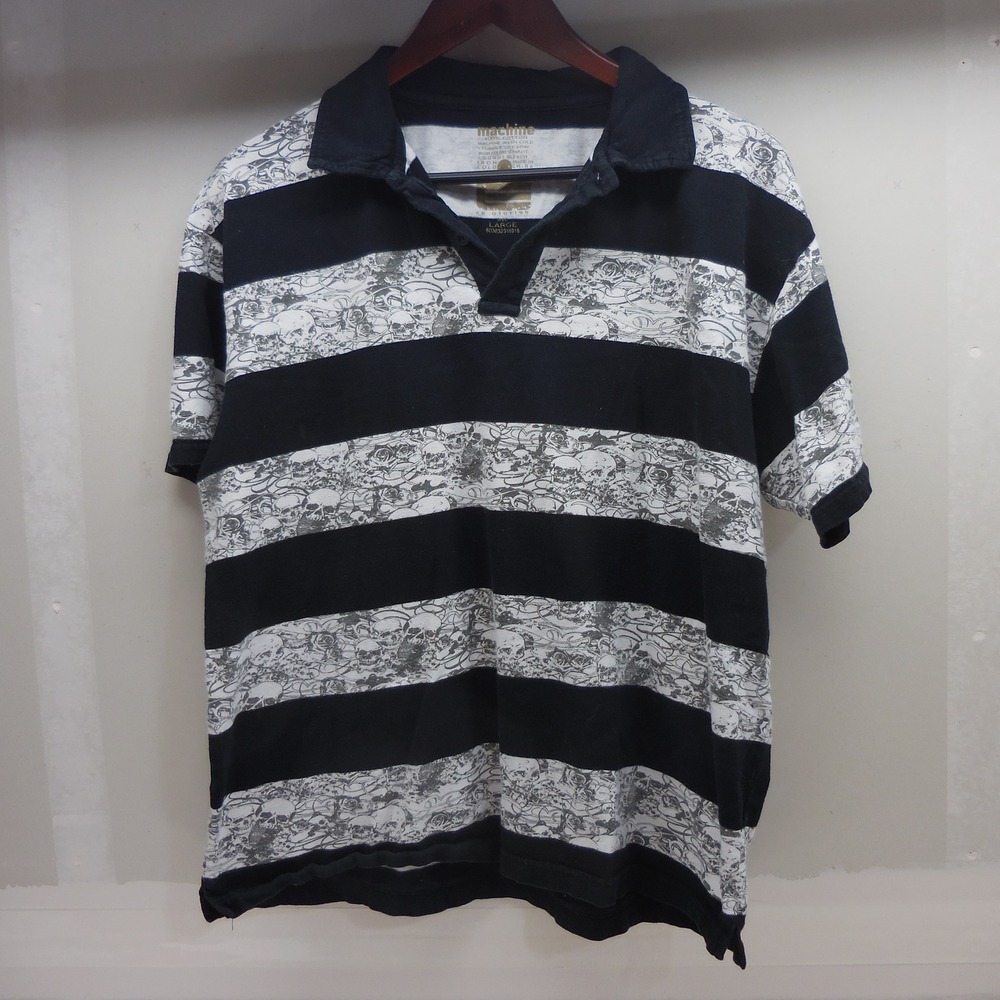 Machine Mens Skull Rose Graphic Stripe Polo Shirt Black White Large RN0101199